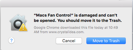 When you try to launch Macs Fan Control OSX gives you this message. You can cancel or delete.