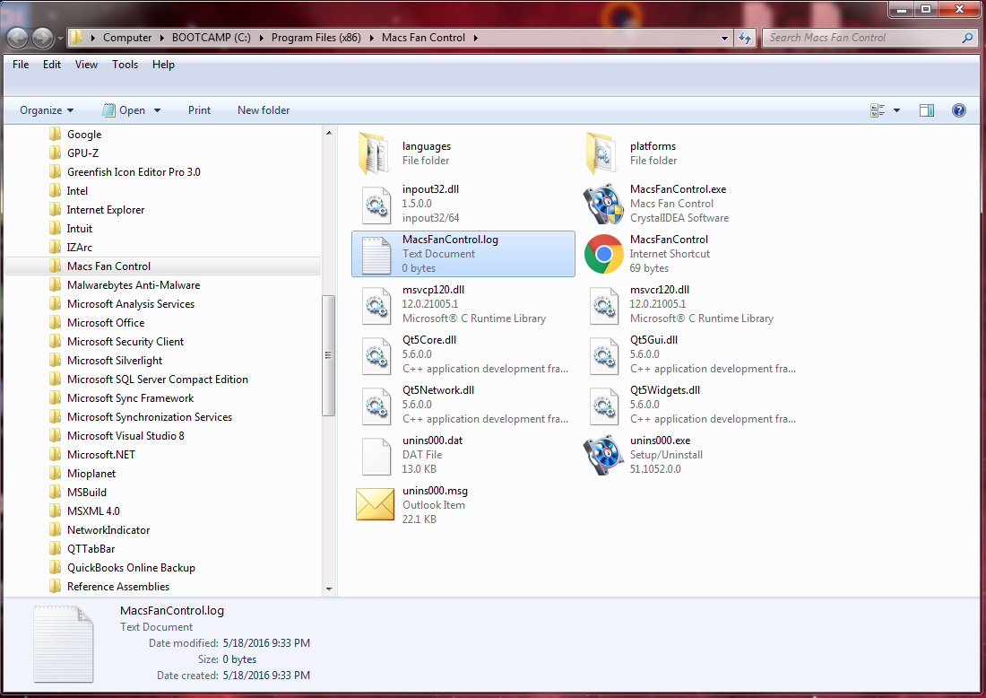 screen shot of Mac Fan Control install directory.